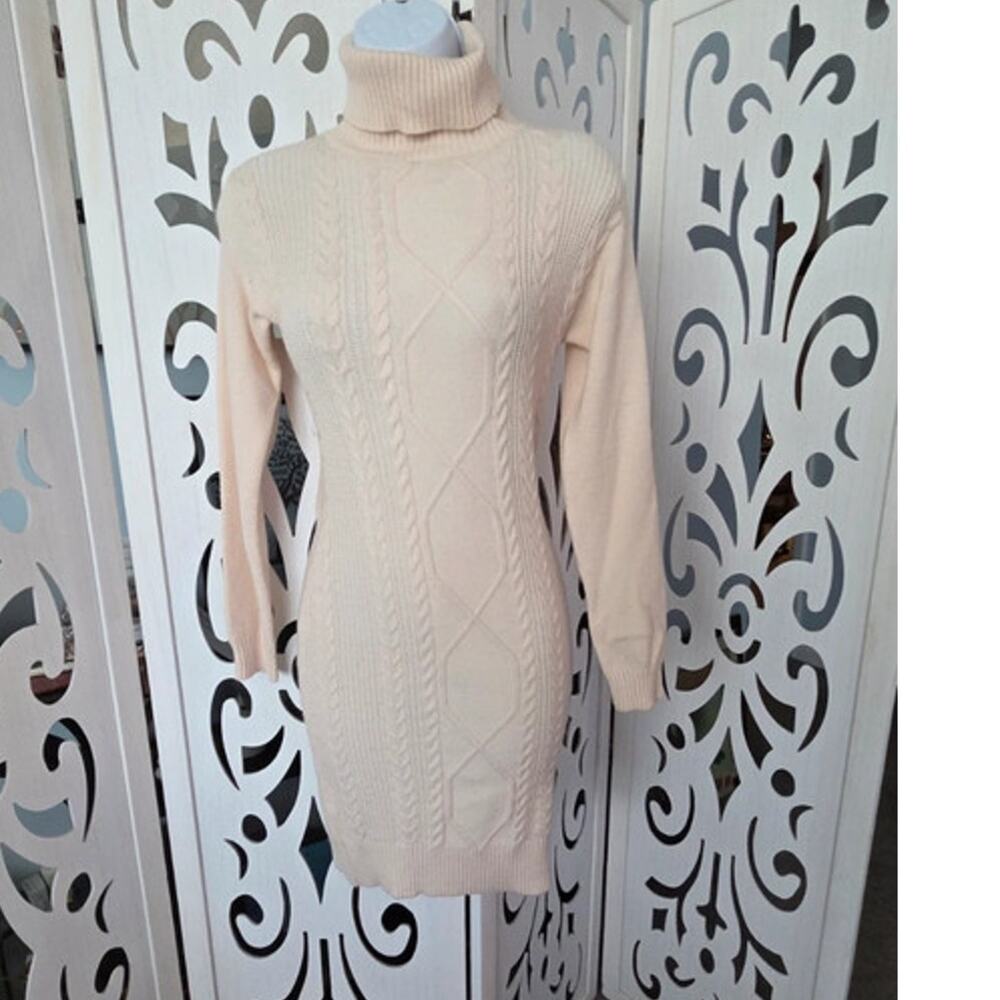 IJOAH Cable Knit Turtleneck Sweater Dress Women's Large Cream Soft Stretch